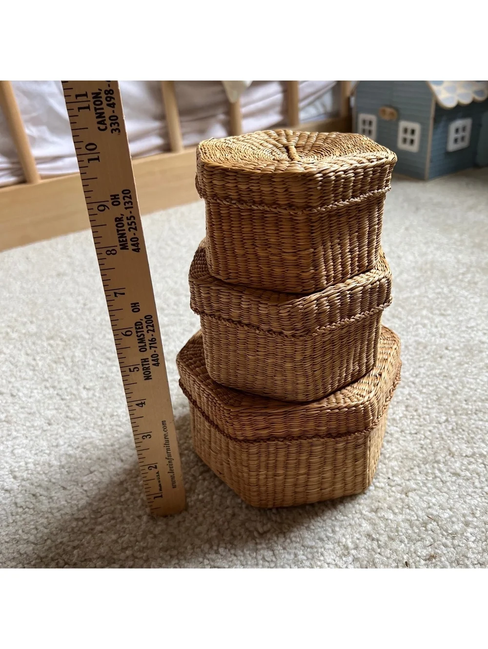 Vintage Set of 3 Hexagonal Woven Rattan Storage Baskets with Lids